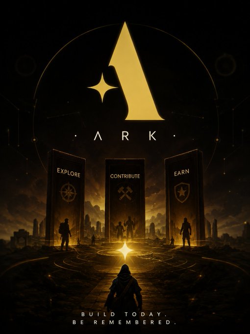 A stylized poster for 'ARK' featuring a large golden 'A' logo at the top, three pillars labeled 'EXPLORE', 'CONTRIBUTE', and 'EARN', and silhouetted figures standing before them, with the text 'BUILD TODAY. BE REMEMBERED.' at the bottom.