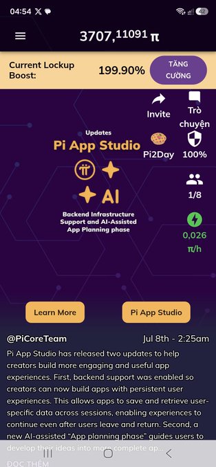 A mobile app screenshot showing the Pi Network home screen with a balance of 3707.11091 π, a current lockup boost of 199.90%, and a Pi App Studio update announcement with Vietnamese language interface elements.