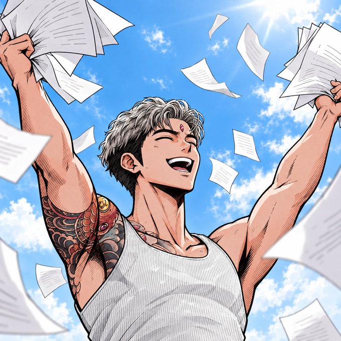 A manga/anime illustration of a smiling, tattooed man with gray hair throwing handfuls of papers into the air under a blue sky.