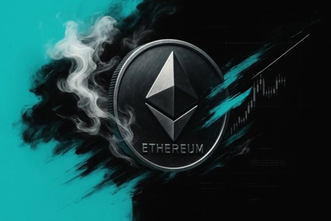 A dark digital artwork featuring an Ethereum coin with the word "ETHEREUM" displayed below the iconic diamond-shaped logo, set against a teal and black background with smoke effects and candlestick chart graphics.