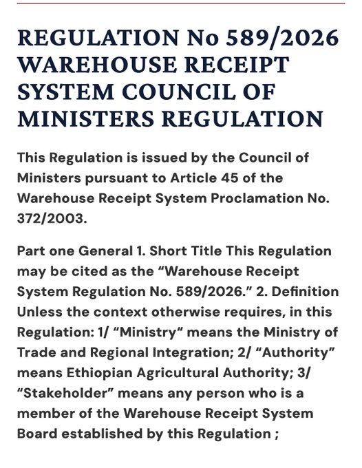 Text document headed 'REGULATION No 589/2026 WAREHOUSE RECEIPT SYSTEM COUNCIL OF MINISTERS REGULATION', citing the Warehouse Receipt System Proclamation No. 372/2003 and defining Ministry, Authority, and Stakeholder.