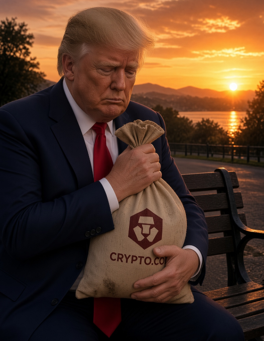 Donald Trump is depicted looking dejected while clutching a bag emblazoned with the Crypto.com logo, symbolizing his holdings in $CRO, which SEC documents state he was unable to sell as of June 30th due to heavy losses.