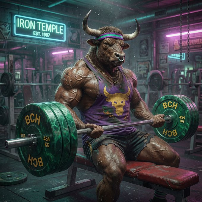 AI-generated image of a muscular anthropomorphic bull wearing a purple tank top lifting massive green weight plates labeled 'BCH 454 KG' in a neon-lit gym called 'IRON TEMPLE EST. 1987'.