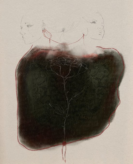 An artistic illustration featuring two faint sketched faces at the top with a dark, smoky mass below containing a delicate line drawing of a rose, all outlined and accented with red ink on a cream-colored background.
