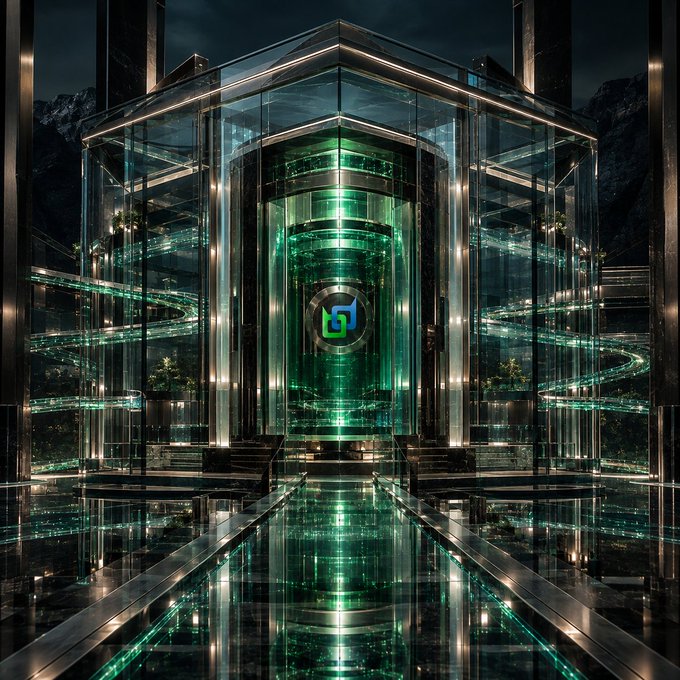 A futuristic glass and steel structure glows with green light at night, featuring a cylindrical central chamber displaying a logo, surrounded by reflective surfaces and mountainous terrain in the background.