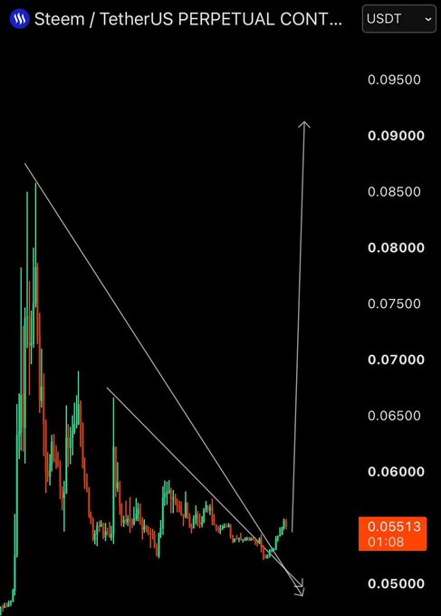 A cryptocurrency trading chart for 'Steem / TetherUS PERPETUAL CONT' showing a descending triangle pattern with price at 0.05513 USDT.