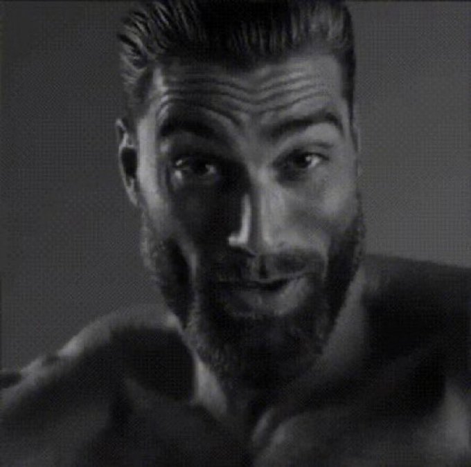 A black-and-white close-up of a bearded man with slicked-back hair stares intensely forward, his wide eyes and slight smirk suggesting a knowing, untrustworthy confidence—fitting the post's jab at crypto enthusiasts who conveniently revise their bullish "thesis" only when prices are rising.