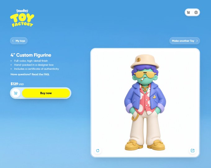 Doodles Toy Factory webpage selling a 4" Custom Figurine for $129 USD, featuring a 3D character with purple hair, sunglasses, and a bucket hat.