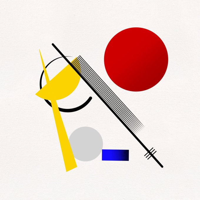 An abstract Bauhaus-style composition featuring a red circle, yellow geometric shape, gray circle, blue rectangle, and black lines on a cream background.