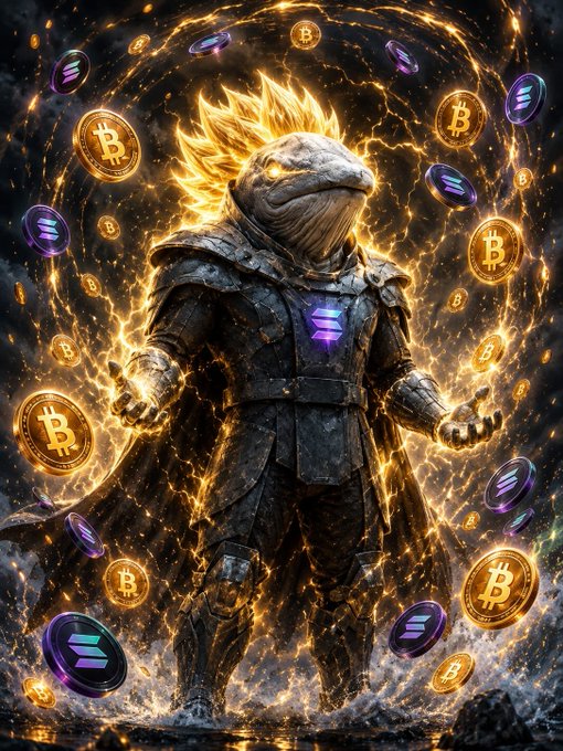 A powerful warrior with a fierce, dragon-like head and glowing spiky hair stands clad in dark armor, surrounded by swirling golden energy and floating cryptocurrency coins featuring the Bitcoin "₿" symbol and the Solana logo as a glowing emblem on his chest. The image ties into the post's celebration of WhiteWhaleLabs, with the cosmic, powerful imagery symbolizing the strength and promise of their crypto project.