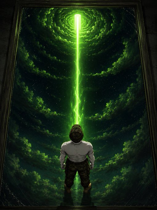 A figure stands before a framed cosmic vista, gazing up at a piercing green beam of light piercing through swirling storm clouds. The image evokes a soldier witnessing a triumphant signal of victory, aligning with the caption "$SOLdier the battle is almost won" by portraying a moment of awe and impending triumph.