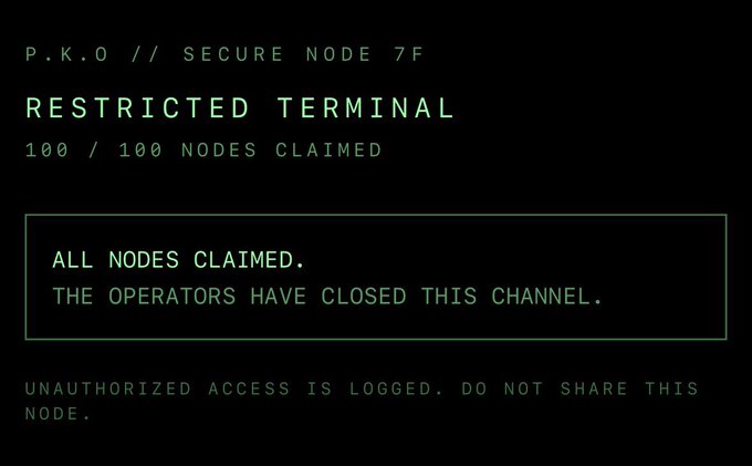 A dark terminal screen displays green text reading "P.K.O // SECURE NODE 7F" and "RESTRICTED TERMINAL," indicating "100 / 100 NODES CLAIMED" with a warning that "THE OPERATORS HAVE CLOSED THIS CHANNEL." The display reinforces the post's cryptic transmission, confirming that all nodes (7F being node 127) have been claimed and the channel is officially sealed.