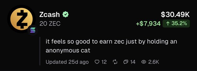 Cryptocurrency display showing Zcash (ZEC) at $30.49K, up 35.2% with a caption reading 'it feels so good to earn zec just by holding an anonymous cat'.