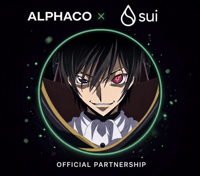 An anime-style illustration promotes an 'ALPHACO x sui OFFICIAL PARTNERSHIP' with a smirking dark-haired character featuring one red eye, framed in a glowing green circle.