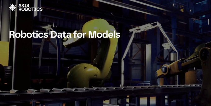 The image, branded with the "AXIS ROBOTICS" logo, showcases industrial robotic arms in a factory setting, visually reinforcing the company's focus on robotics. The bold text "Robotics Data for Models" directly ties into AXIS's evolution toward a model-guided data engine, illustrating how real-world robotic operations generate the high-value trajectory data needed to train and improve AI models.