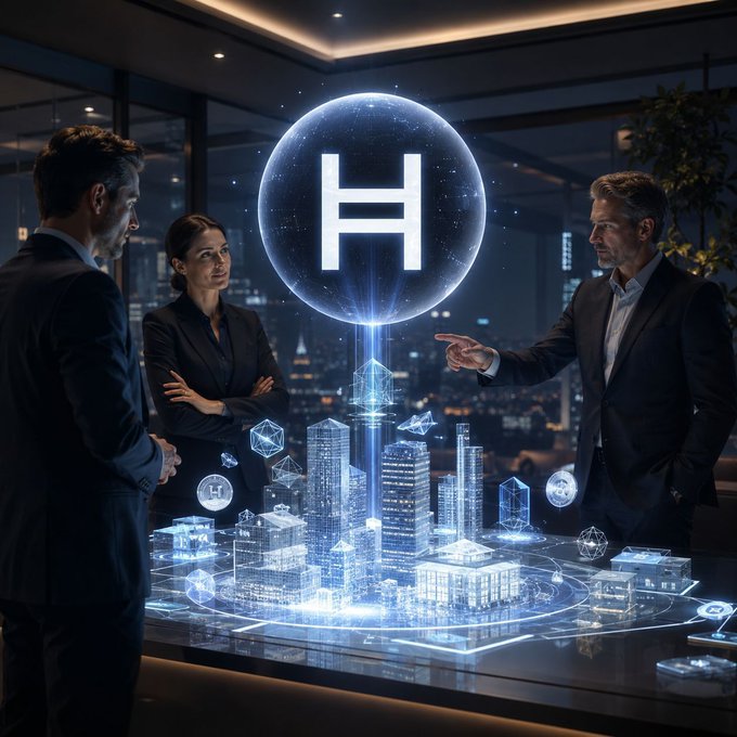 Three business professionals gather around a futuristic holographic display featuring a glowing cityscape and a large "H" symbol, visualizing the next generation of distributed technology.

The image reinforces the post's theme by depicting executives contemplating a futuristic digital cityscape anchored by a prominent "H" emblem, symbolizing how Hedera and Hashgraph (#HBAR) are shaping the future of distributed technology beyond traditional models.
