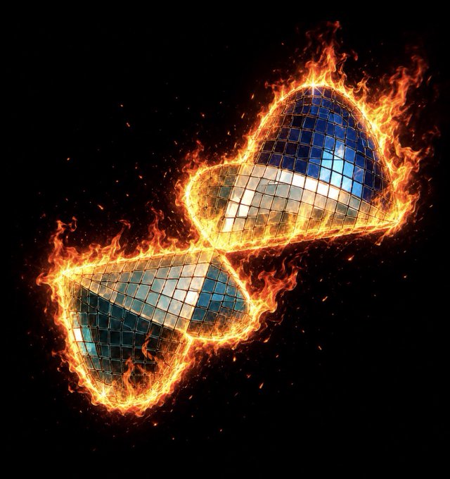 Digital artwork of a disco ball shaped like an infinity symbol engulfed in flames against a black background.