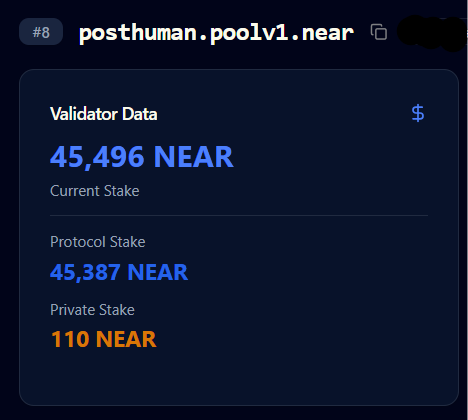 A validator data dashboard for 'posthuman.poolv1.near' showing a current stake of 45,496 NEAR, broken down into a protocol stake of 45,387 NEAR and a private stake of 110 NEAR.