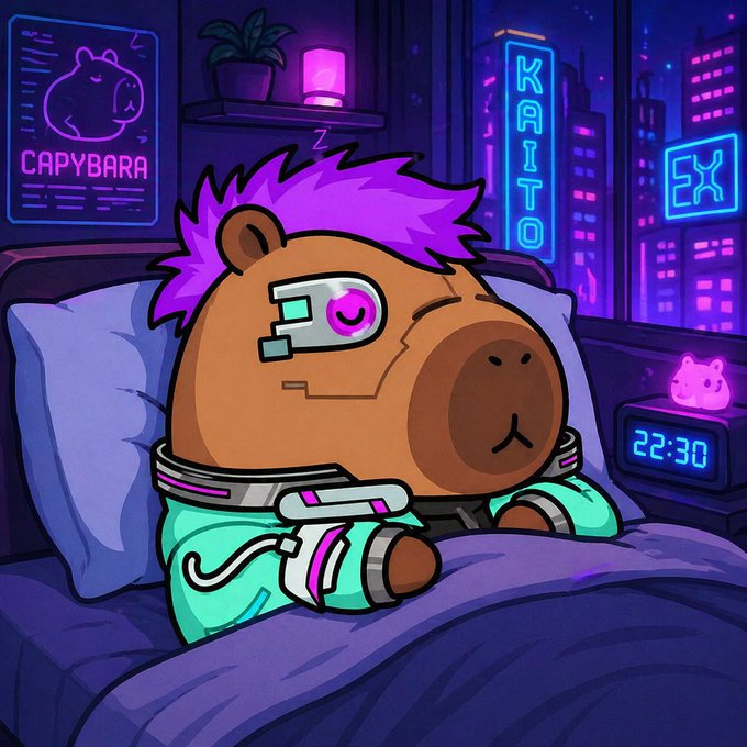 The image features a cartoon character wearing a spacesuit with purple hair sitting in bed next to a clock that reads "23:30". The character appears to be sleeping or resting peacefully. The caption provided for this image seems unrelated to the main scene, which is focused on the cartoon character and its surroundings.