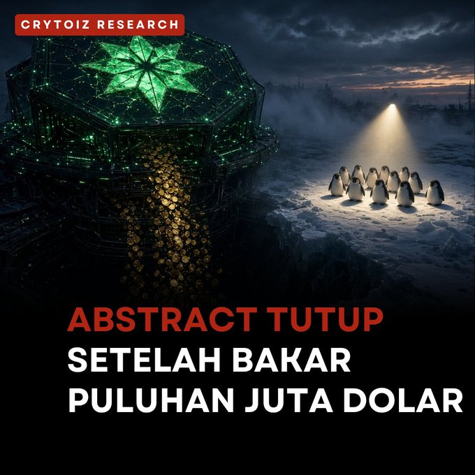 A dark, dramatic crypto-themed illustration showing a glowing green container overflowing with gold coins, penguins on ice, and Indonesian text 'ABSTRACT TUTUP Setelah Bakar Puluhan Juta Dolar' with 'CRYTOIZ RESEARCH' branding.