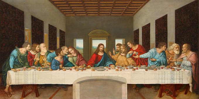 Leonardo da Vinci's famous Renaissance mural 'The Last Supper,' depicting Jesus and his disciples seated at a long table.
