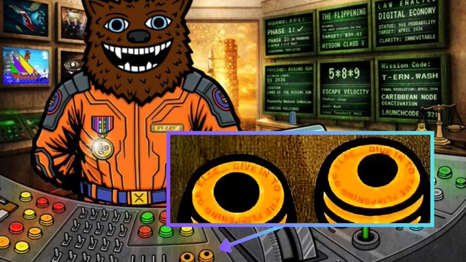 A grinning bear-like character in an orange flight suit sits at a control panel with mission displays reading "THE FLIPPENING," "DIGITAL ECONOMY," and "CARIBBEAN NODE," while an inset shows two orange orbs inscribed with "GIVE IN TO THE FLIPPENING" and "THE FLIPPENERS," visually reinforcing the post's ultimatum about surrendering to the flippening.