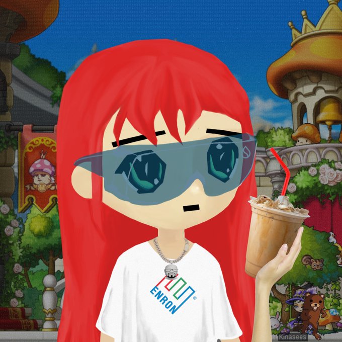 A cartoon-style illustration of a red-haired girl wearing oversized sunglasses and an 'ENRON' t-shirt, holding an iced coffee drink in front of a colorful fantasy game background.