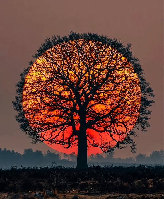 Silhouette of a bare tree set against a large, glowing orange-red sun.