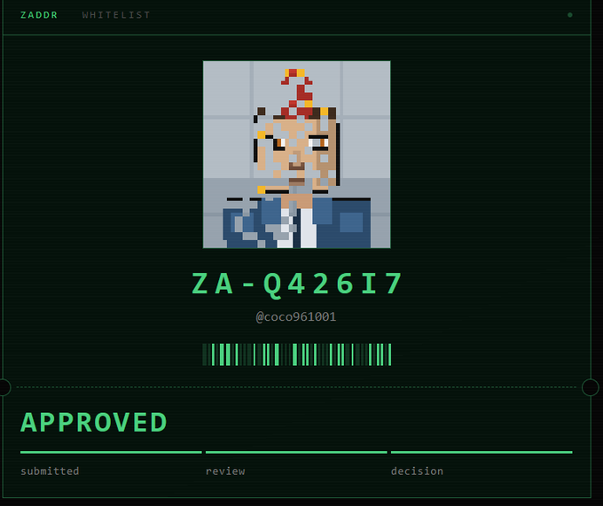 A retro terminal-style 'ZADOR WHITELIST' approval screen displaying a pixel art character with an ID 'ZA-Q426I7' (@coco961001), a barcode, and the status 'APPROVED' in green text.