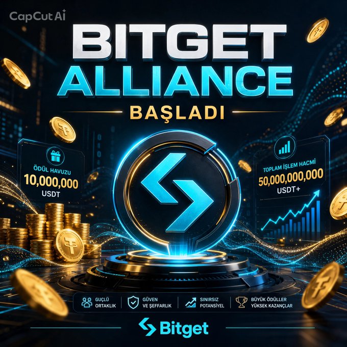 A vibrant promotional graphic announces the "BITGET ALLIANCE" program has begun, featuring a central glowing blue Bitget logo surrounded by golden USDT coins and Turkish text ("BAŞLADI"). Key figures are displayed in holographic panels, including a 10,000,000 USDT prize pool and a trading volume bar chart showing 50,000,000,000 USDT+, with bottom icons emphasizing strong community, trust, limitless potential, and high rewards.