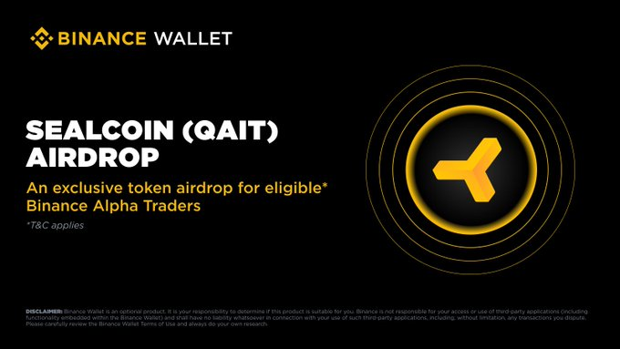 The image features a black background with a yellow circle containing an arrow pointing towards the word "QAIT" written inside of it, along with the words "币安 Alpha 空投预告 5 月 28 日 QAIT". The text in the image is related to the post about Sealcoin (QAIT) and Airdrop.