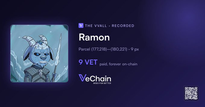 A VeChain NFT receipt for artwork titled 'Ramon' showing a goat-like warrior character, labeled 'THE VVALL · RECORDED', Parcel (177,218)-(180,221), priced at 9 VET, 'paid, forever on-chain'.