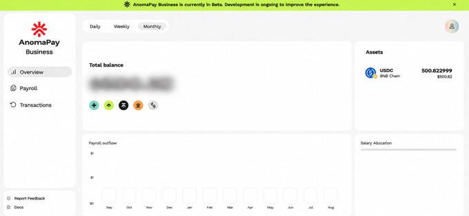 The image shows the dashboard of AnomaPay Business in beta, featuring a total balance section with multiple asset icons, an Assets panel displaying USDC on BNB Chain at 500.822999 ($500.82), and empty Payroll Outflow and Salary Allocation charts with monthly tabs (Sep through Aug). The interface supports the post's theme by highlighting AnomaPay Business's capability to manage payroll and salary allocations, which the user plans to use for paying 10+ contributors while keeping wallet addresses private.