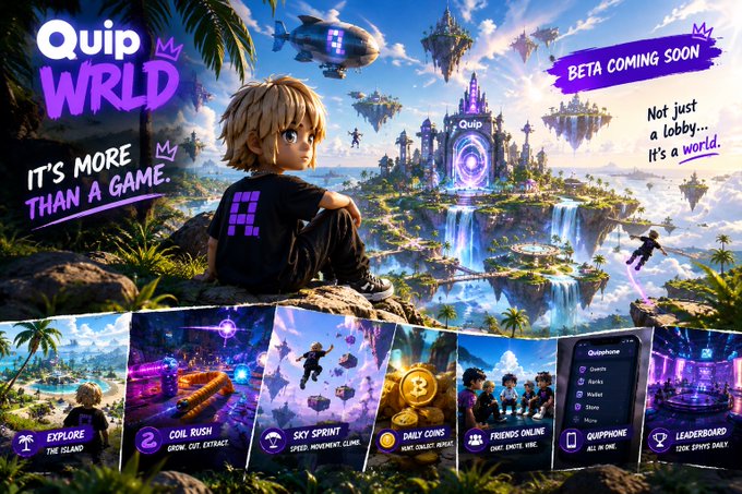 A vibrant game promotional image for 'Quip WRLD' ('It's more than a game'), tagged 'BETA COMING SOON' and 'Not just a lobby... It's a world,' showing a blonde character overlooking floating islands with a castle, and gameplay features like Explore, Coil Rush, Sky Sprint, Daily Coins, Friends Online, Quipphone, and Leaderboard.