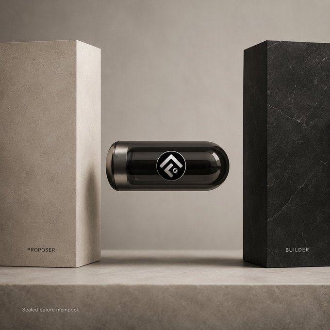 A minimalist product image showing two tall stone-like blocks labeled 'PROPOSER' (beige) and 'BUILDER' (black marble) with a floating black capsule device between them, captioned 'Sealed before mempool.'