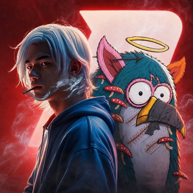 A stylized digital artwork featuring a white-haired character smoking beside a stitched-up teal owl-like figure with a halo, set against a red background.
