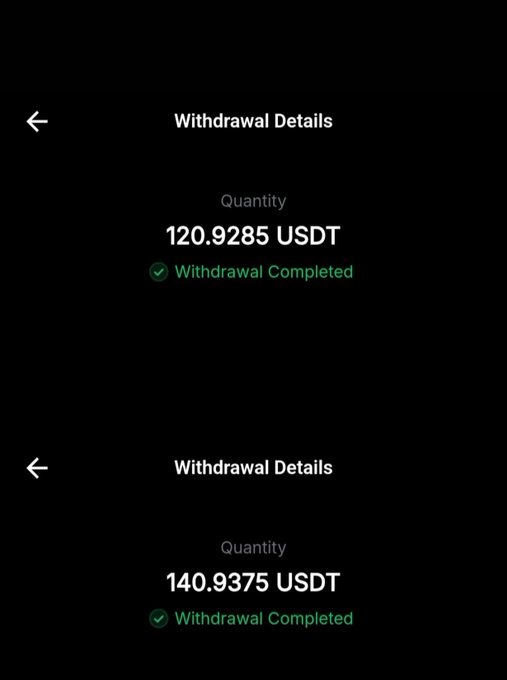 Mobile screenshots showing two completed cryptocurrency withdrawal details of 120.9285 USDT and 140.9375 USDT, both marked as 'Withdrawal Completed'.