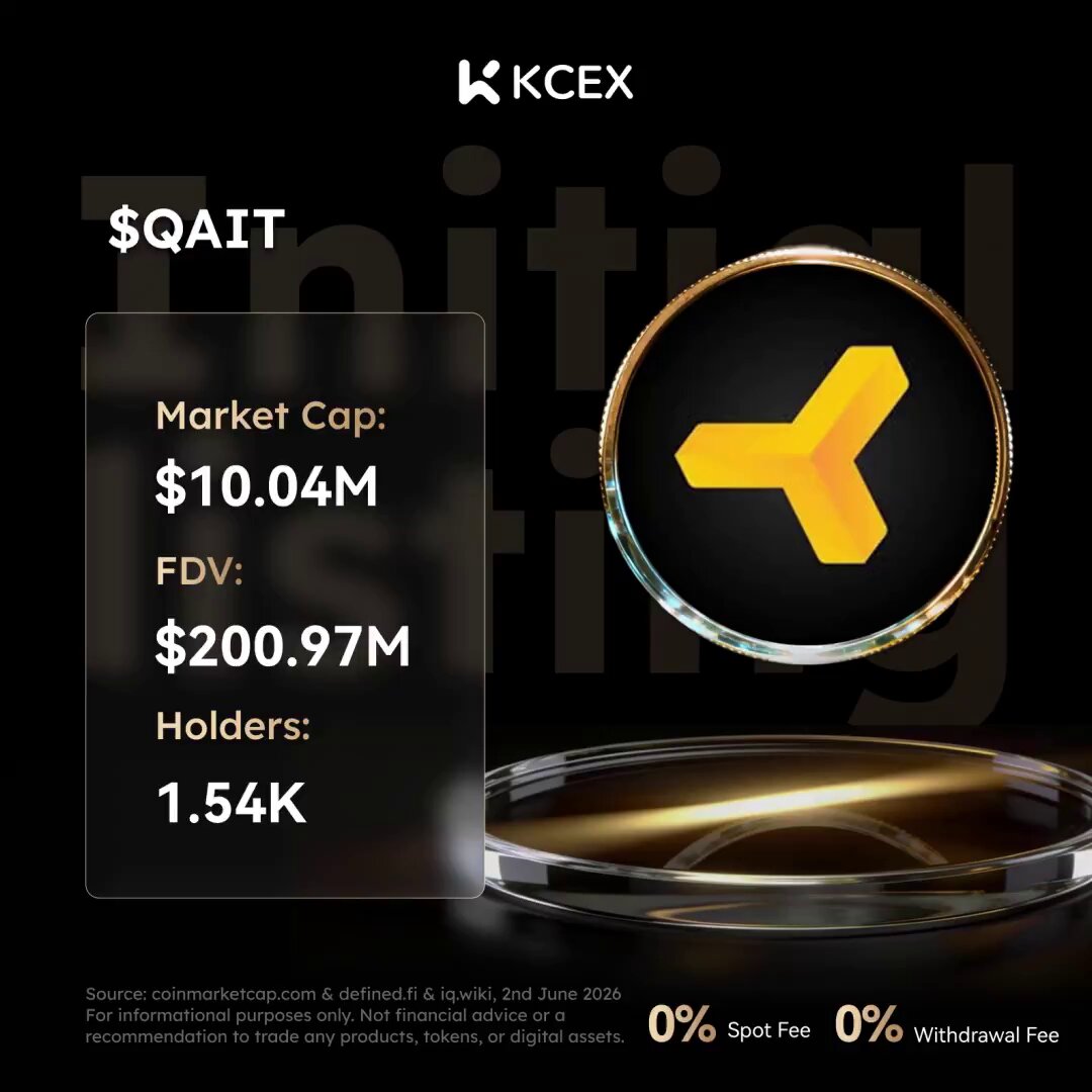 The image features a gold coin with a yellow triangle design, which is the native token of the QAIT Association (Swiss non-profit). The QAIT Association is an organization that focuses on developing and promoting blockchain technology for financial applications. The golden coin serves as the programmable settlement token for machine-to-machine transactions and autonomous AI agent economies within the SEALCOIN ecosystem, which is powered by the QAIT association's economic layer.