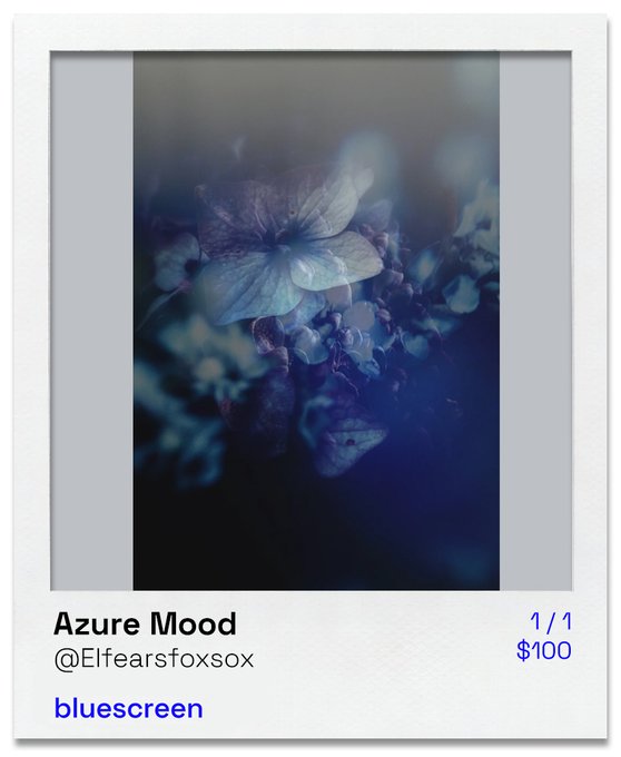 A digital listing titled 'Azure Mood' by @Elfearsfoxsox in the 'bluescreen' category, priced at $100 (1/1), featuring a dreamy blue-toned photo of flowers.
