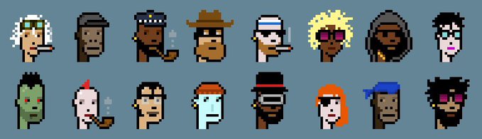 A pixel art spritesheet displays 16 diverse character portraits arranged in two rows, featuring various hairstyles, skin tones, and facial expressions.