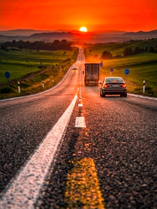A scenic view of a two-lane road at sunset, with cars and a truck driving toward the horizon under an orange sky.
