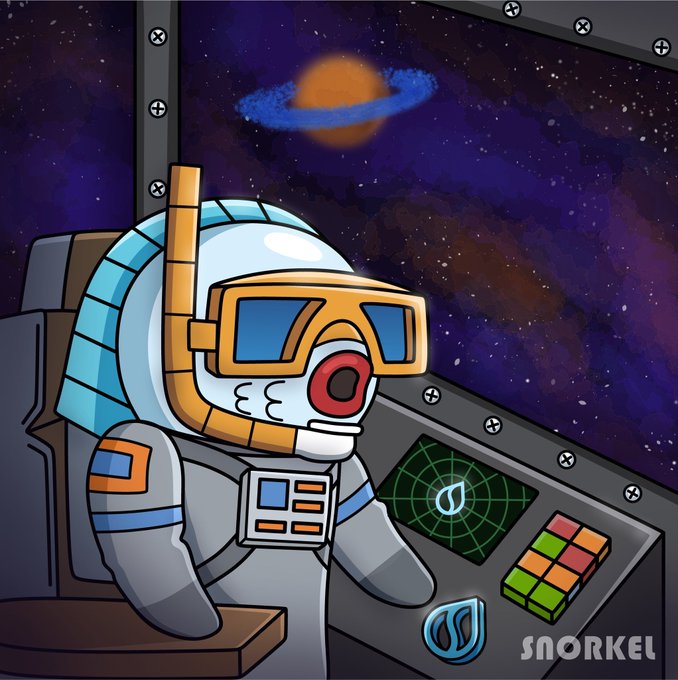 A cartoon illustration by 'SNORKEL' shows a character in a diving helmet and scuba gear sitting in a spaceship cockpit, looking at a radar screen with a planet visible outside.