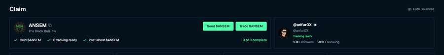 Claim interface screenshot showing ANSEM token ($ANSEM) with action buttons 'Send $ANSEM' and 'Trade $ANSEM' alongside an arfFurOX profile with 10K followers and 9.9K following.
