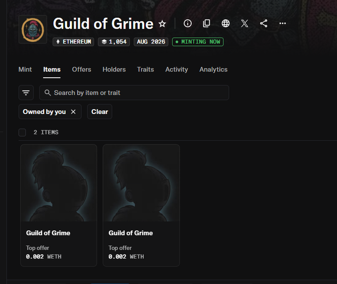 A screenshot of the "Guild of Grime" NFT collection page on Ethereum, showing 1,054 items with an August 2026 mint date and currently in "Minting Now" status. The user's collection displays 2 items, both titled "Guild of Grime" with top offers of 0.002 WETH each, aligning with the post's message about supporting the project's mint phase.