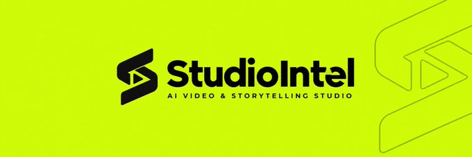 A bright yellow graphic featuring the logo and branding for 'StudioIntel', described as an 'AI Video & Storytelling Studio'.