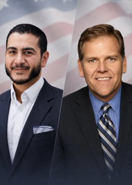 A split campaign image shows Democratic candidate Abdul El-Sayed on the left and Republican candidate Mike Rogers on the right, set against an American flag backdrop as they prepare for their first Michigan Senate debate. The visual pairs the two candidates ahead of tonight's closely watched matchup.