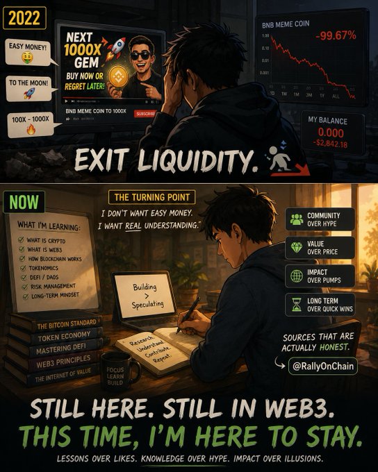 The image presents a cartoon-like illustration featuring a person sitting at a desk with a laptop open while writing on a piece of paper. Above him, there are three posts related to cryptocurrencies, including one about BNB meme tokens going 100x. Additionally, there is a post titled " Exit Liquidity. This time, I'm here to stay", which references the meme and hints that the person might be interested in investing in crypto.