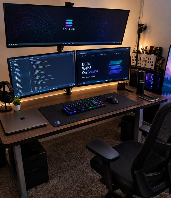 A multi-monitor workstation setup displaying Solana branding, with 'SOLANA' on the top monitor and 'Build Web3 On Solana' on the right screen, alongside a keyboard, mouse, and gaming chair.
