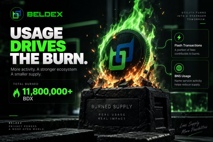 BELDEX promotional graphic with the headline 'USAGE DRIVES THE BURN' highlighting 11,800,000+ BDX burned and explaining flash transactions and BNS usage.