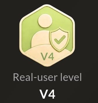 The image shows a real-user level logo with a hexagon containing a shield with a person inside, along with a thumbs up symbol. Below this logo are the words "Real-User Level" written in white text. The image also has an accompanying caption that reads, "Know that if you check your iOS app dashboard and you got RUP badge irrespective of your Level V1 V2 V3 V4".